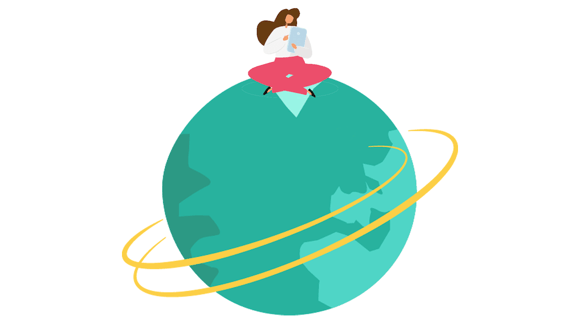 Woman with PC sitting on the globe